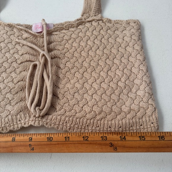 Womens Beige Tan Crochet Knit Crop top chunky preppy boho western sweetheart - Picture 4 of 6